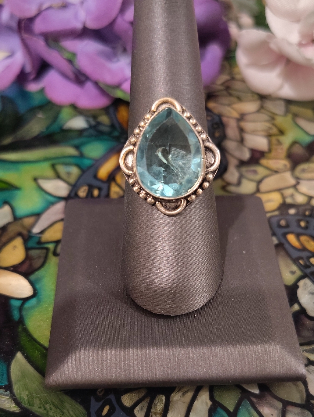 Aquamarine Glass Stone Ring 925 Silver - Size 6 3/4